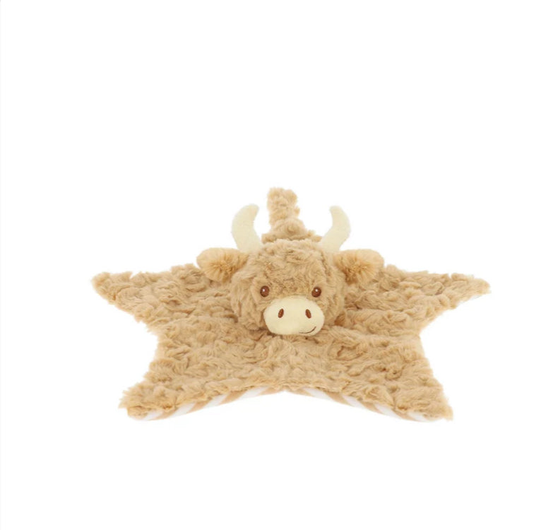3 pce SET- Highland Cows Short Sleeve Organic Bodysuit with Frill and topknot and plush comforter