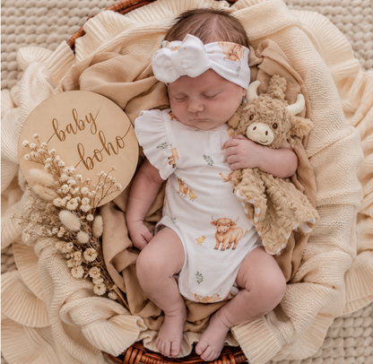3 pce SET- Highland Cows Short Sleeve Organic Bodysuit with Frill and topknot and plush comforter