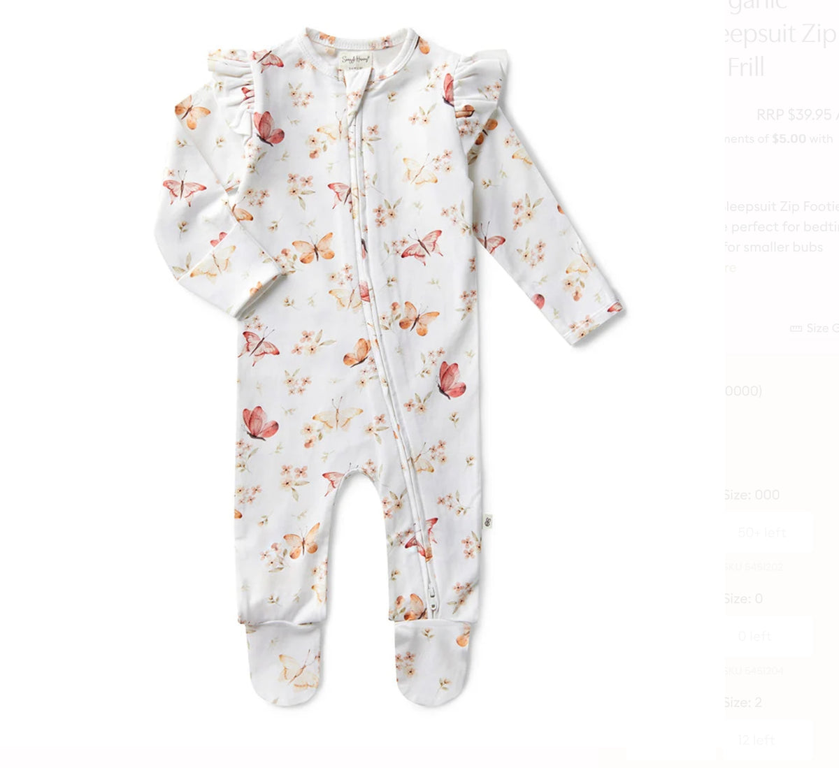 Butterfly Organic Snuggle Sleepsuit Zip Footie with Frill