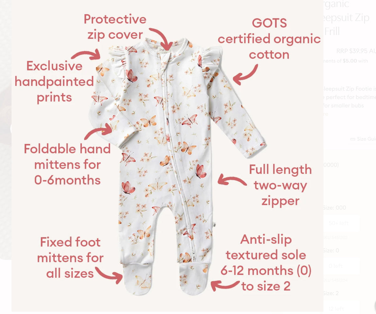 Butterfly Organic Snuggle Sleepsuit Zip Footie with Frill