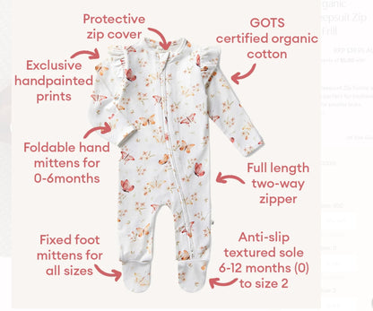 Butterfly Organic Snuggle Sleepsuit Zip Footie with Frill