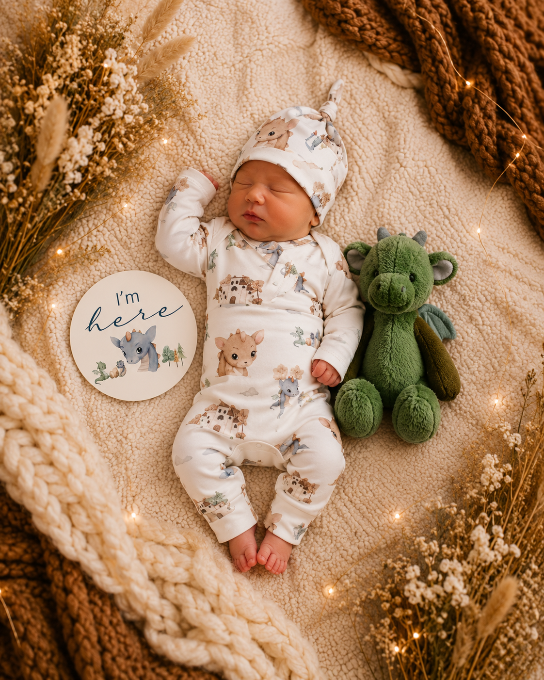 4 pce SET- Dragon Organic Growsuit PLUS Beanie PLUS milestone cards PLUS plush dragon