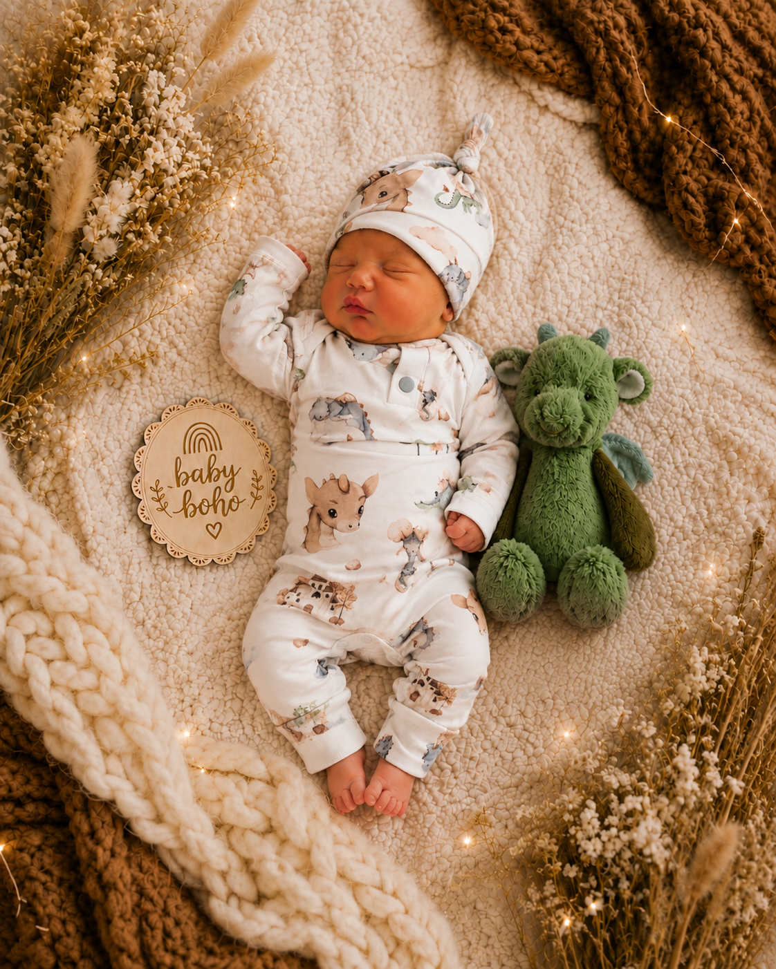 3 pce SET- Dragon Organic Growsuit PLUS Beanie PLUS plush dragon