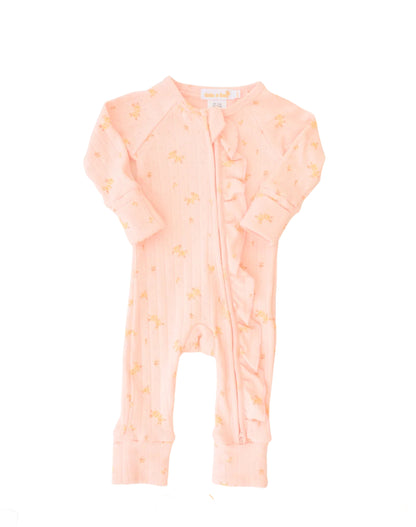 2 pce Set - ESSENTIAL FRILL ZIP ROMPER | TINY YELLOW FLORAL POINTELLE plus HEADBAND
