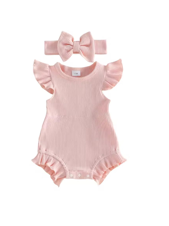 2 pce ribbed romper headband Set- Pink- special price