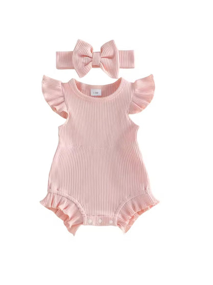 2 pce ribbed romper headband Set- Pink- special price