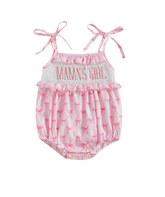 Baby girls clothing -Pink baby romper with 'Mama's Girl' text and horse pattern on a white background