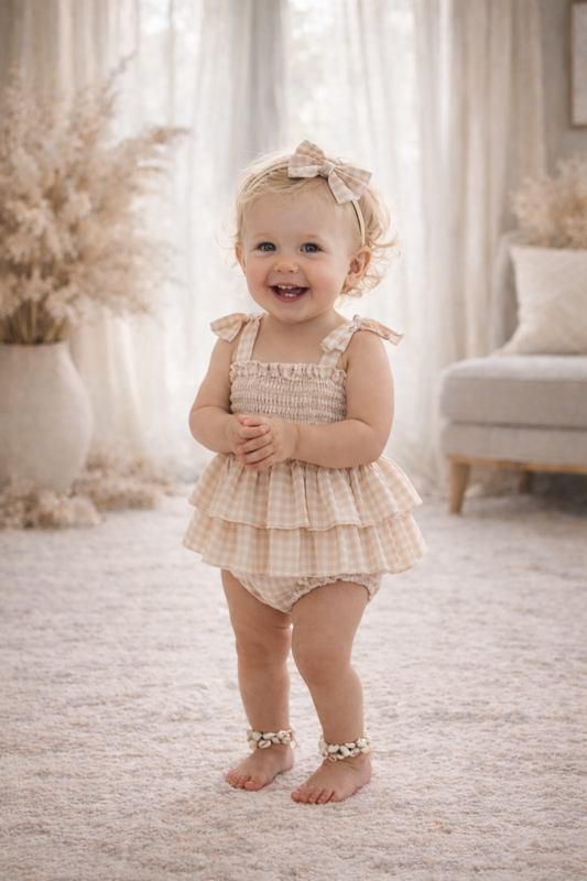 Baby girl in a ruffled dress standing in a softly lit room with decorative elements.