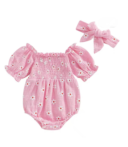 Baby girls clothing - Baby boho -Pink baby romper with floral patterns and matching headband on a white background