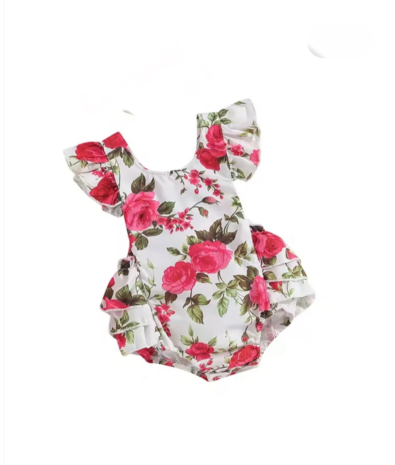 Floral baby romper with ruffled sleeves and bottom on a white background