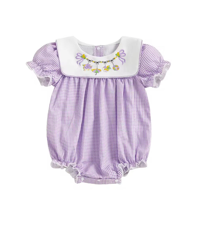 Baby girls clothing - baby boho Purple checkered baby romper with embroidered collar on a white background