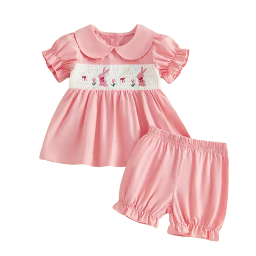 Pink baby dress with ruffled collar and matching bloomers on a white background
