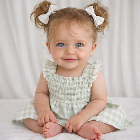 Baby boho - Baby girl in a green checkered dress with pigtails sitting on a white surface.