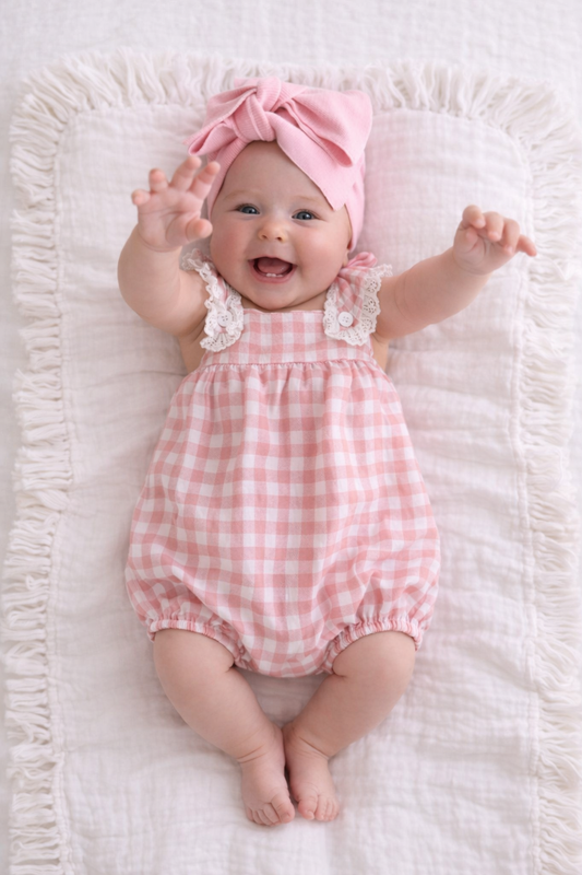 Baby boho - baby girls clothing -Baby wearing a pink checkered romper and headband on a white textured surface