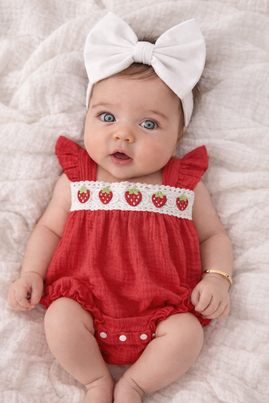 Baby girls clothing - baby boho -Baby wearing a red romper with strawberry design and a white bow headband on a soft surface.