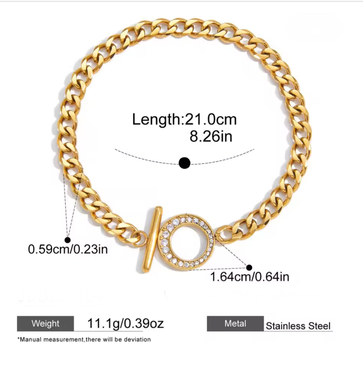 18k gold plated stainless steel t-bar cubic zirconia Bracelet- special price