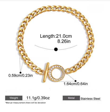 18k gold plated stainless steel t-bar cubic zirconia Bracelet- special price