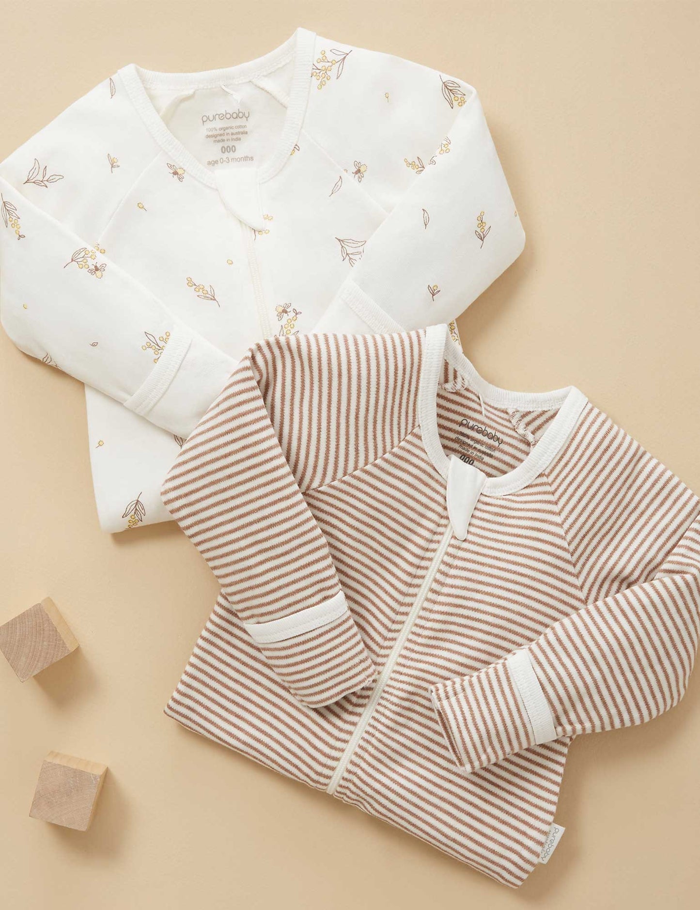 Organic cotton - Wattle Bee 2 Pack Zip Growsuit- special price