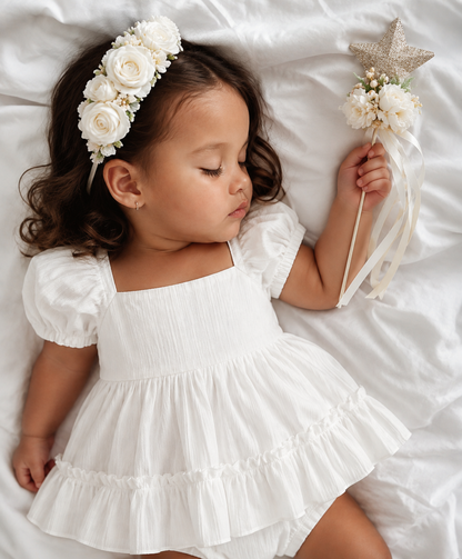 Child in a white dress with floral headband and wand lying on a white surface by the best n,one baby store Baby Boho 