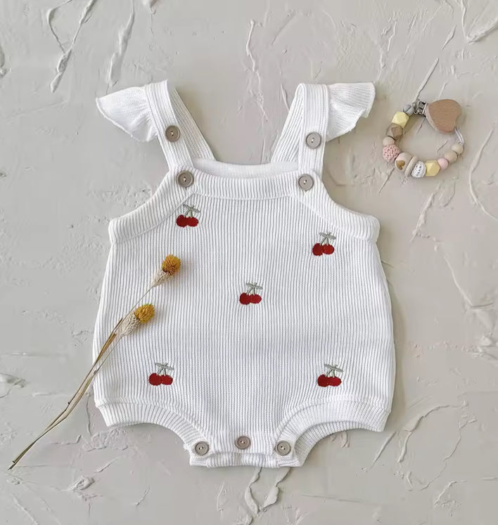 White baby romper with cherry patterns -best baby clothing store in Australia 
