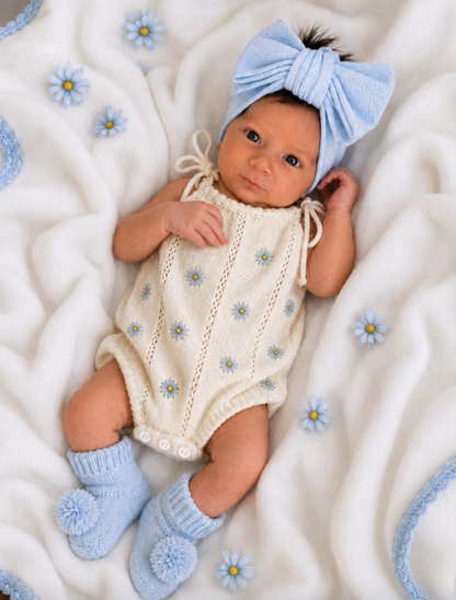 Embroidered blue Daisy cotton Romper - special price