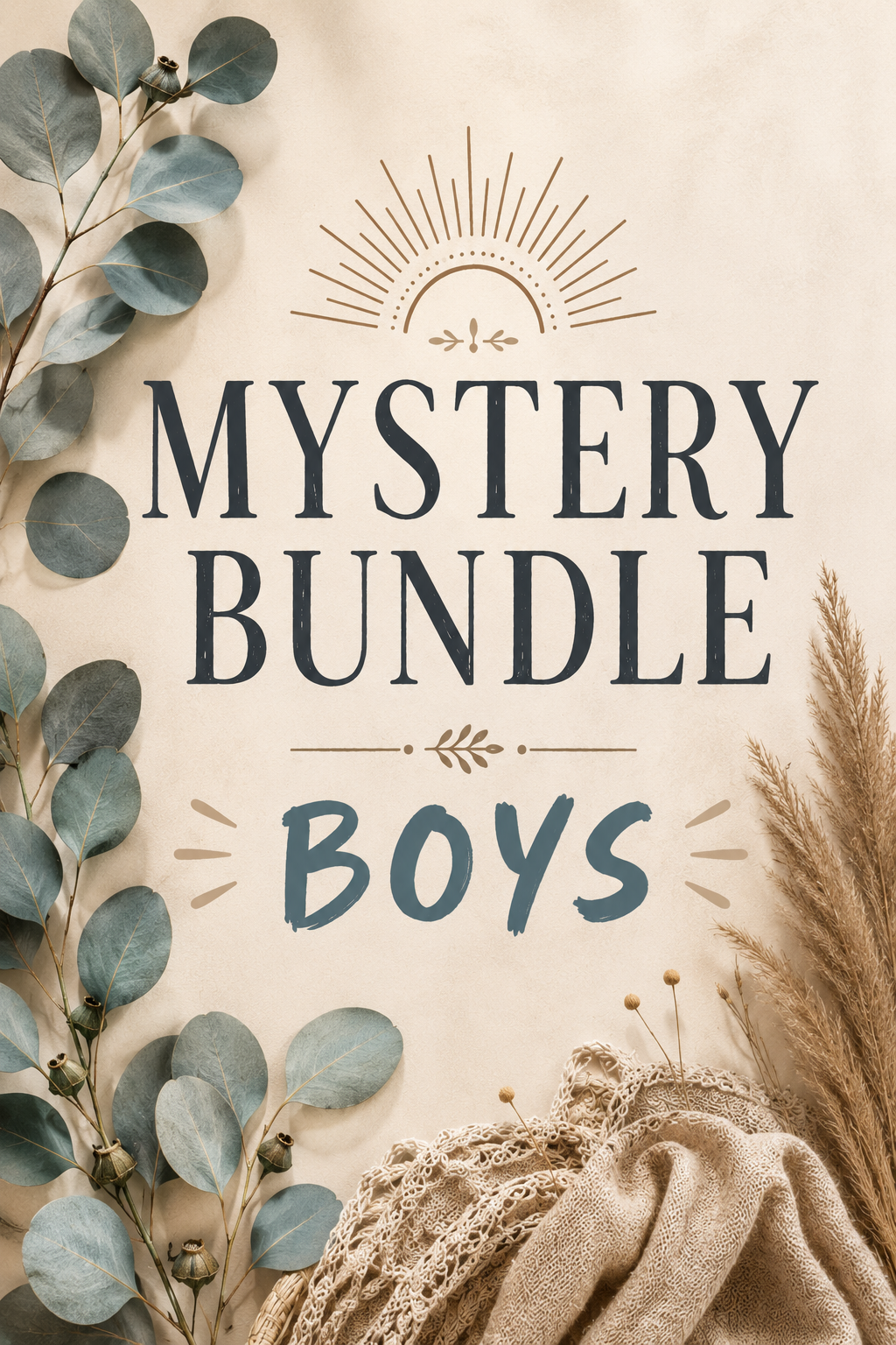 Book cover with 'Mystery Bundle Boys' text, decorative elements, and a beige background.