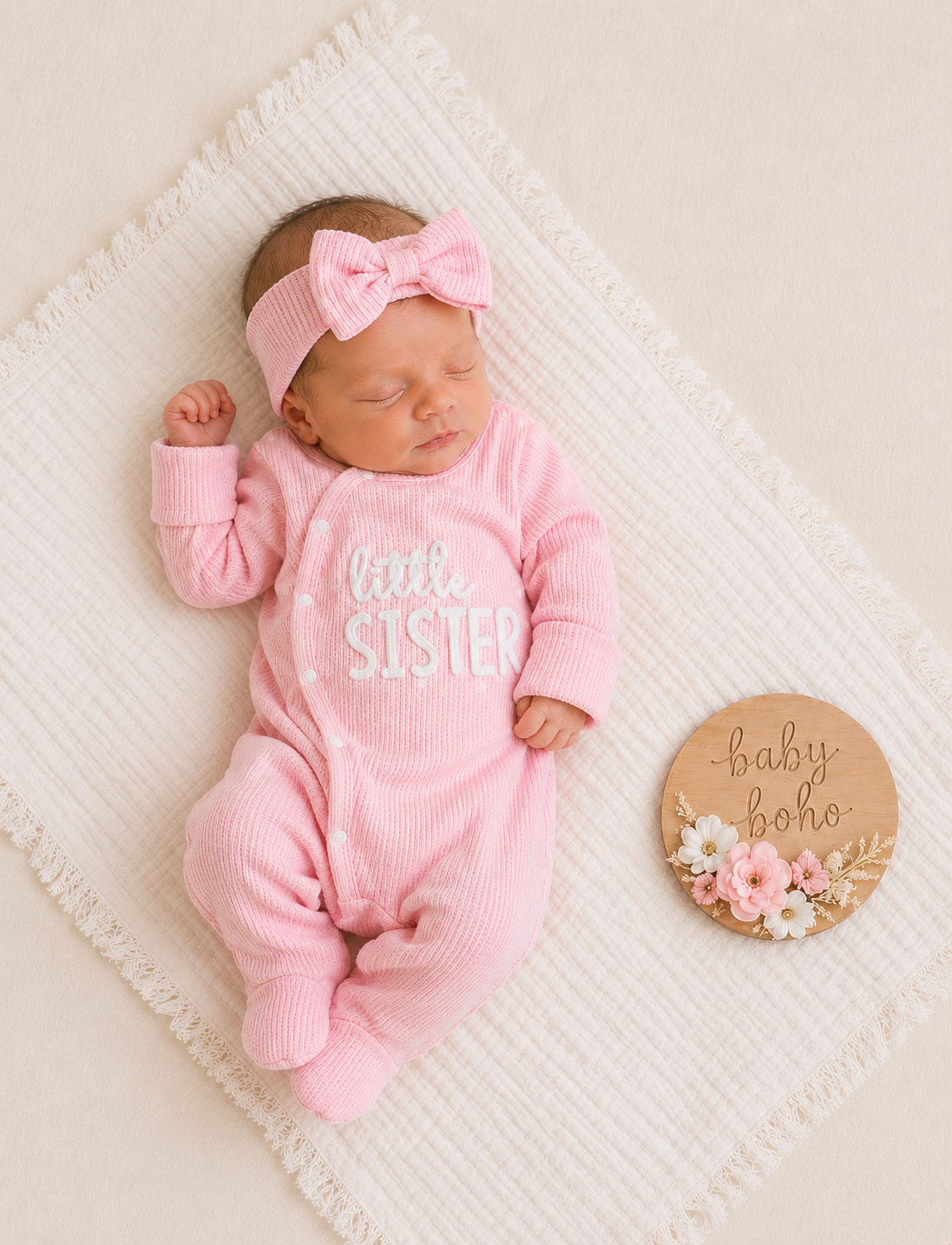 Baby boho -sleeping newborn baby wearing a pink ribbed footed onesie with 'little SISTER' in white text and a matching pink bow headband, lying on a white textured blanket next to a round wooden sign that reads 'baby boho'.ho - 
