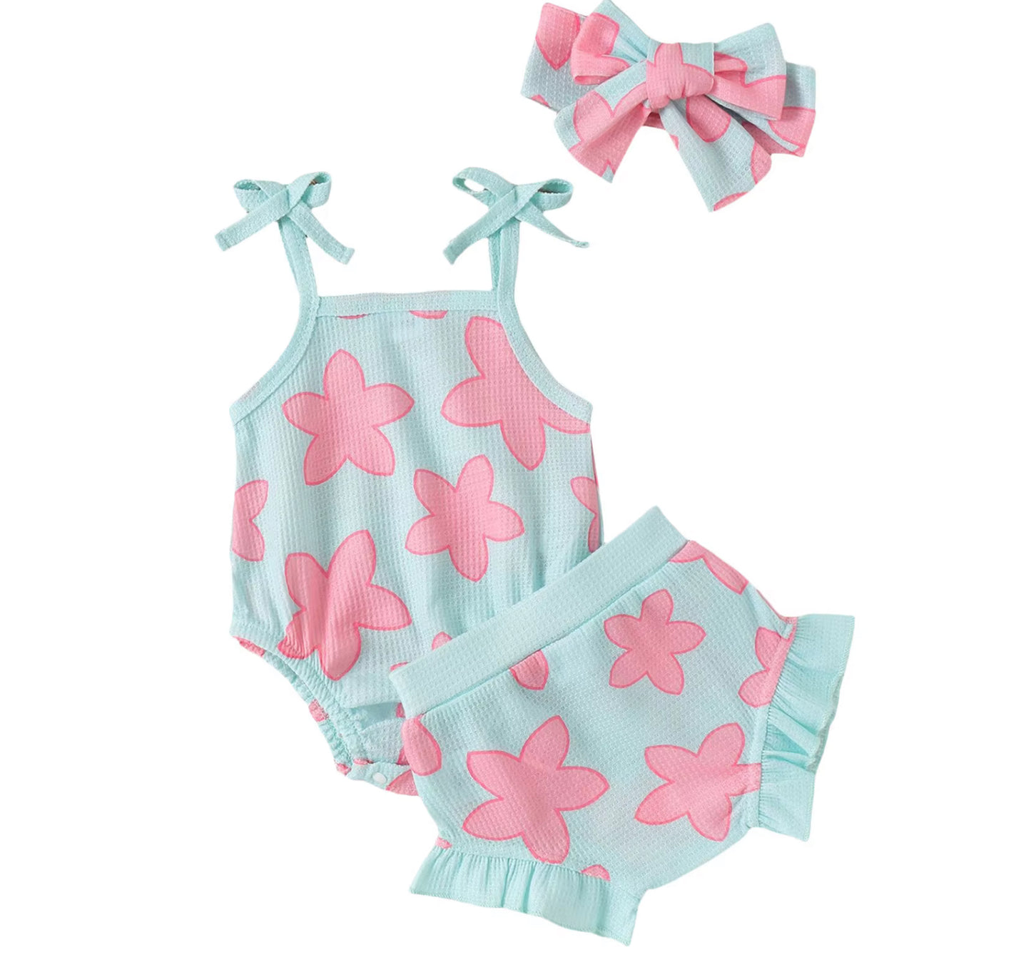 Baby boho-baby girl's two-piece swimsuit set featuring a light blue ribbed romper with pink flower prints and matching ruffled shorts, accompanied by a matching headband with a bow.