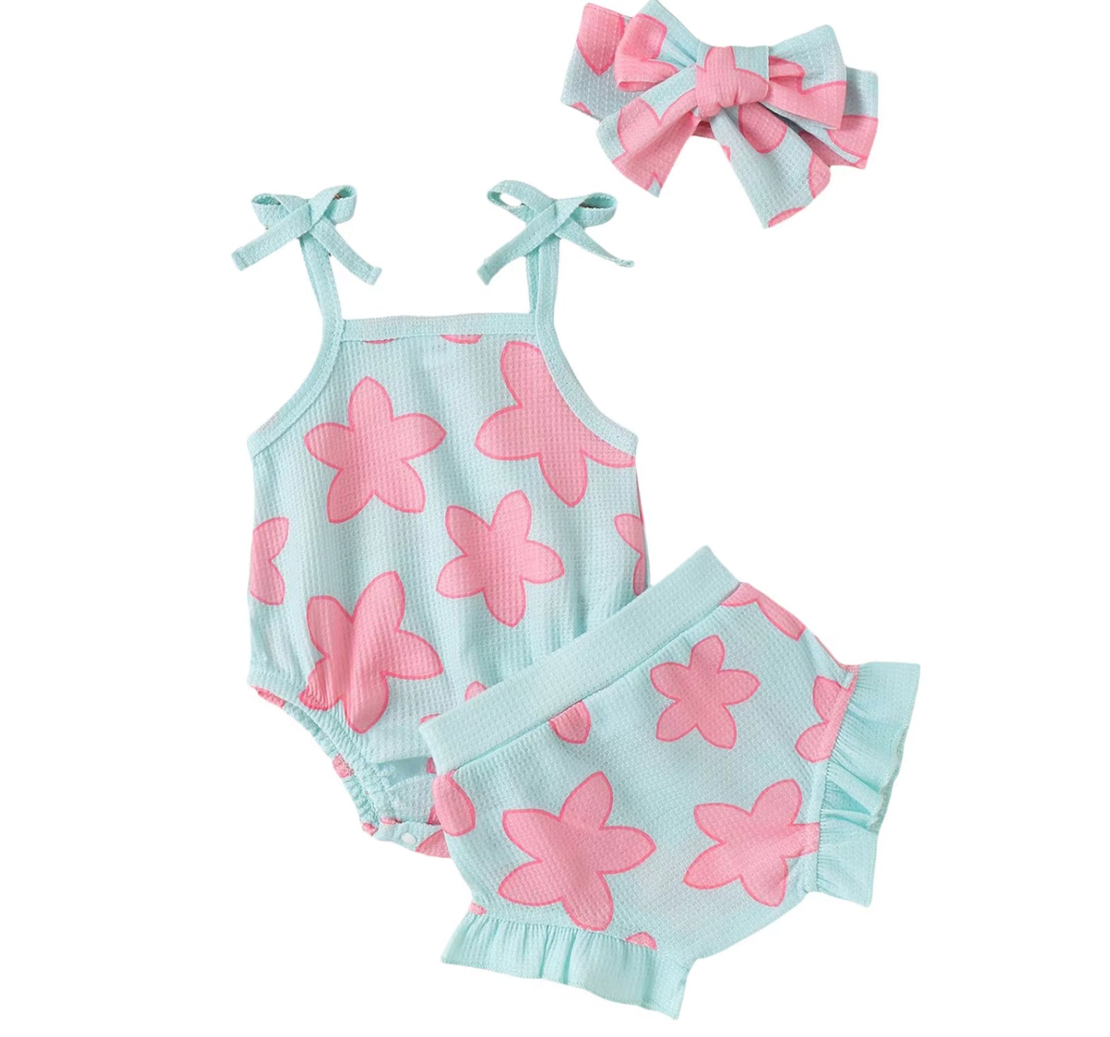 Baby boho-baby girl's two-piece swimsuit set featuring a light blue ribbed romper with pink flower prints and matching ruffled shorts, accompanied by a matching headband with a bow.