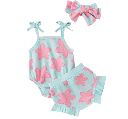 Baby boho-baby girl's two-piece swimsuit set featuring a light blue ribbed romper with pink flower prints and matching ruffled shorts, accompanied by a matching headband with a bow.