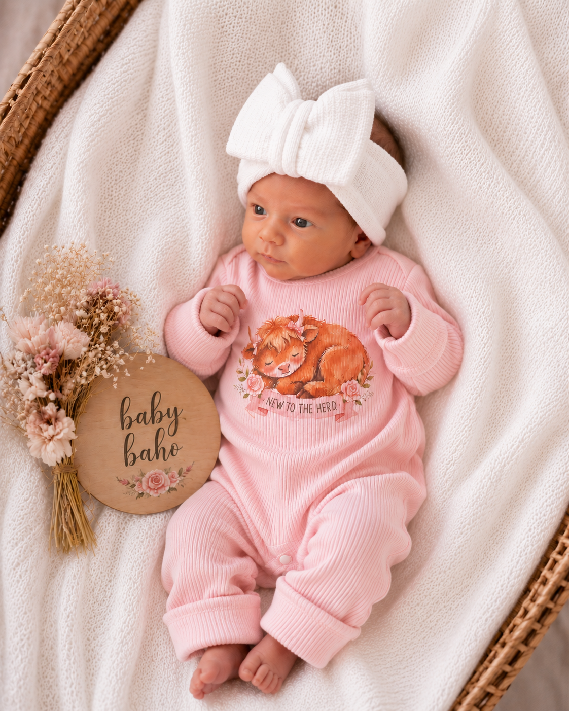 Baby boho romoer - A baby wearing a pink ribbed one-piece jumpsuit with a sleeping orange cat graphic and a white bow headband, lying on a white blanket in a wicker basket with dried flowers and a round wooden sign that reads 'baby baha'.