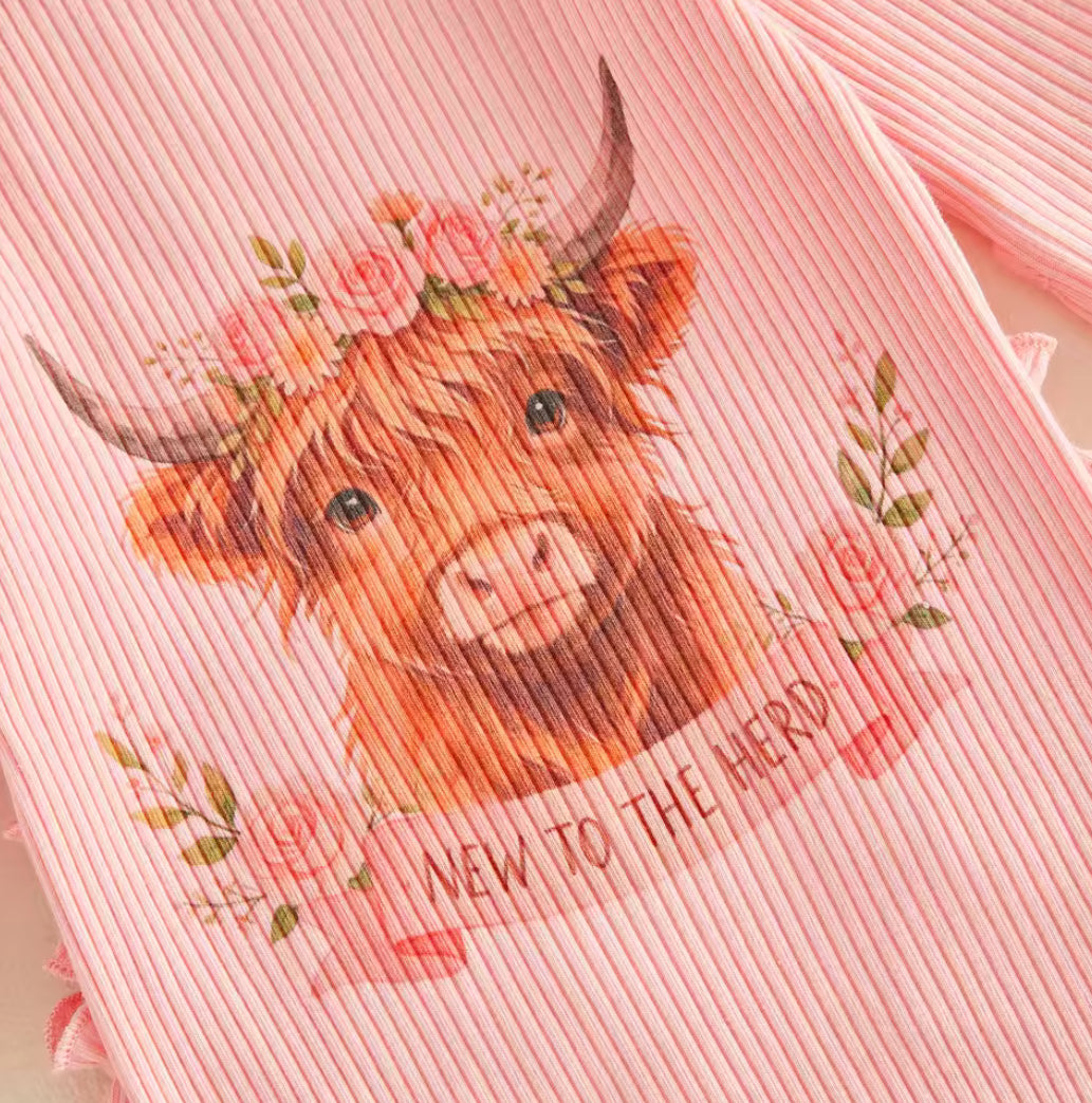 New to the herd cotton Romper-  Highland cow- Style B