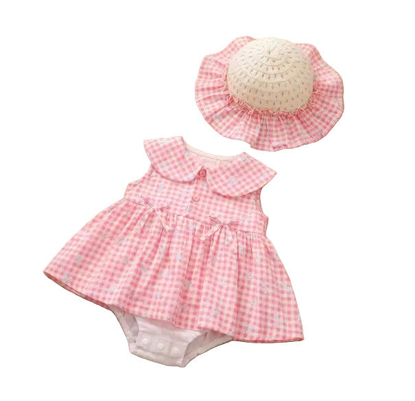 Alexandra cotton gingham Romper /dress Hat Set