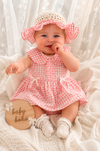Alexandra cotton gingham Romper /dress Hat Set