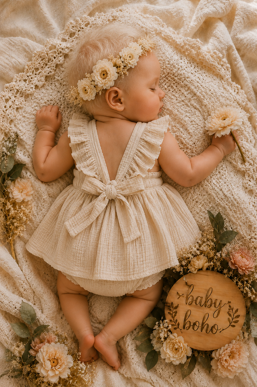 Baby boho - girls romper -A baby lying on a cream textured blanket, wearing a cream ruffled romper with a bow back and a matching flower crown. The scene is decorated with cream and peach flowers, green leaves, and a round wooden sign that reads 'baby boho'.