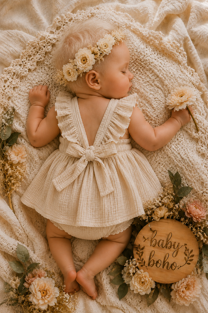 Baby boho - girls romper -A baby lying on a cream textured blanket, wearing a cream ruffled romper with a bow back and a matching flower crown. The scene is decorated with cream and peach flowers, green leaves, and a round wooden sign that reads 'baby boho'.