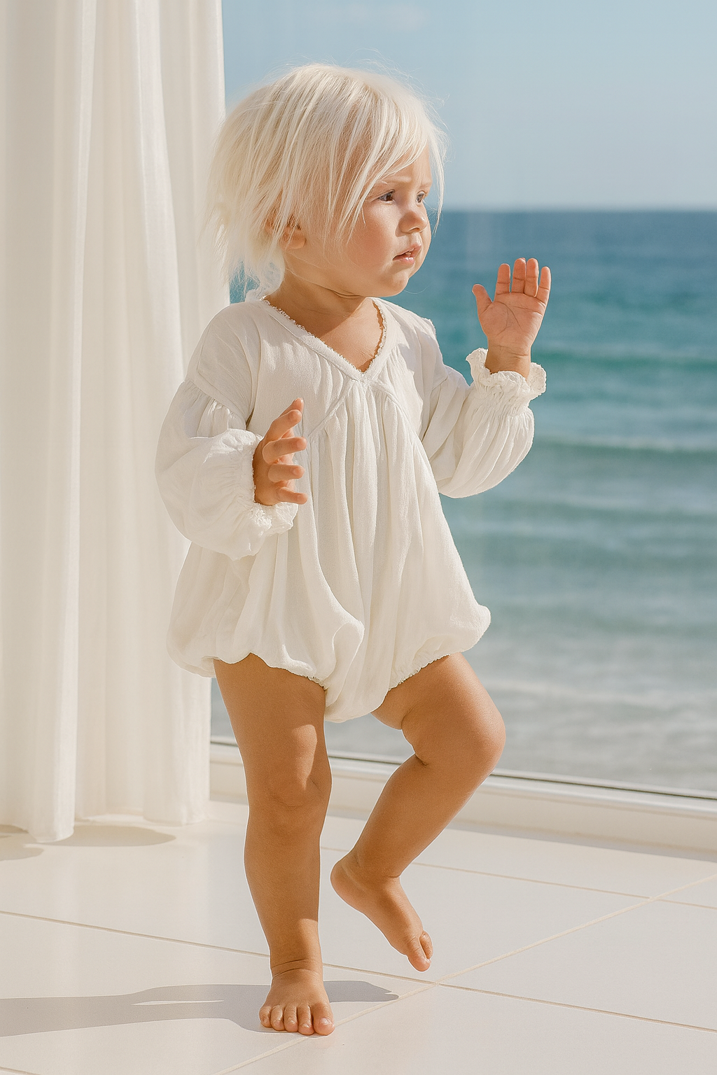 Child in a white outfit standing by a window with a view of the ocean.